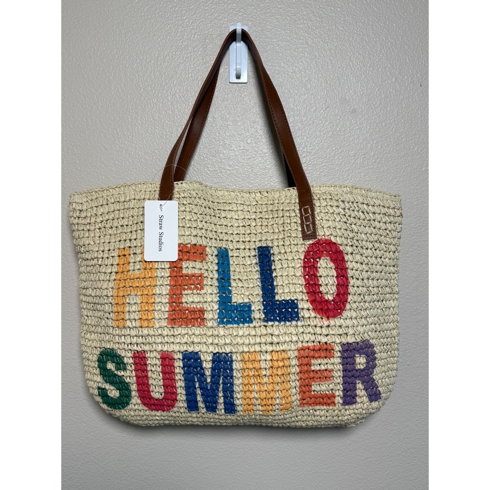 Straw Studios Hello Summer Woven Straw Tote Bag Beach Shoulder Bag Multicolored